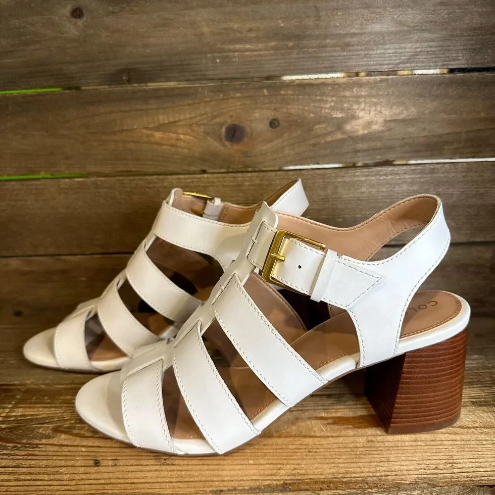 New Womens‎ Cole Haan Josie White Leather Strappy Heeled Sandals Shoes Size 9 B